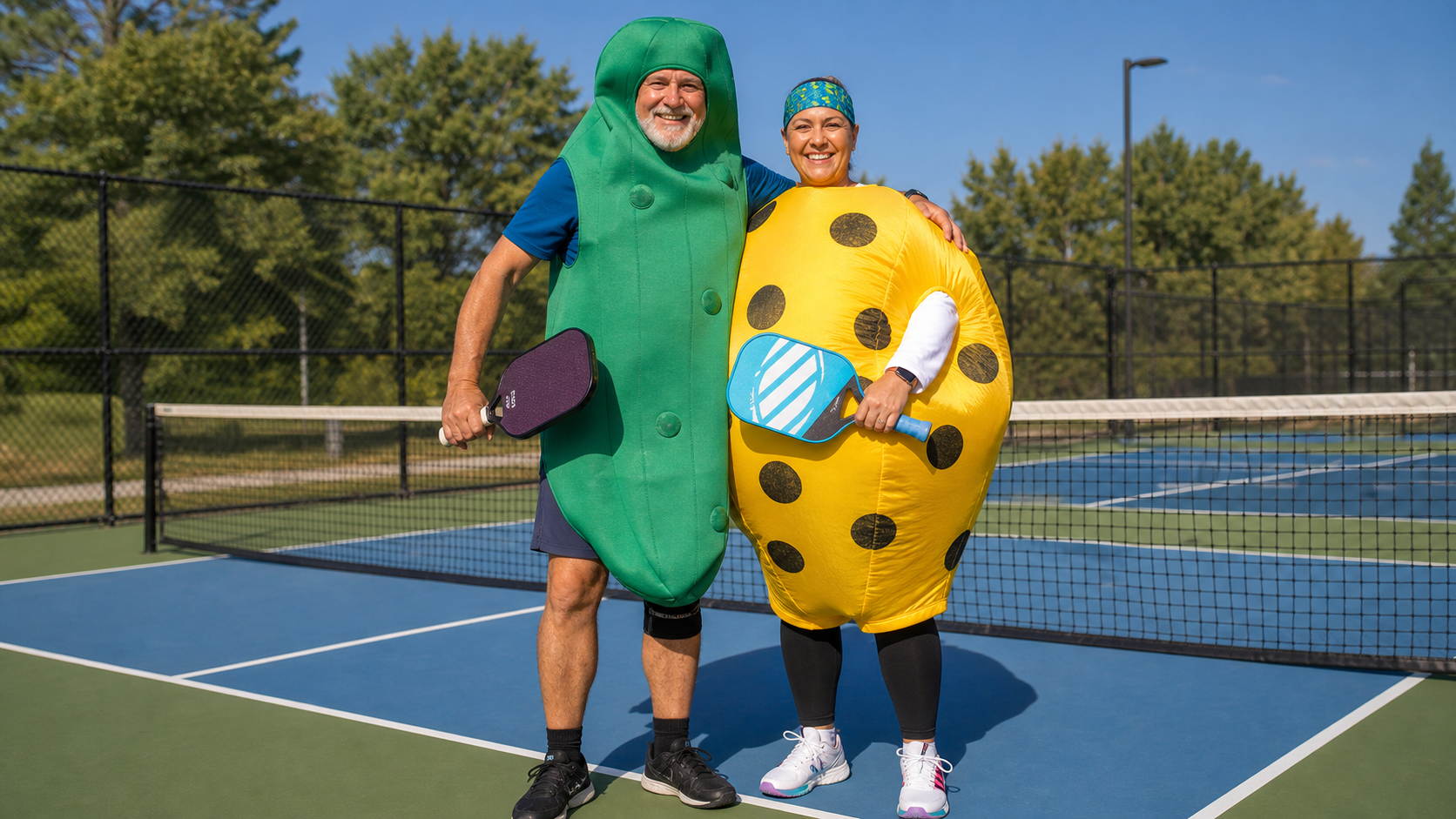Pickleball players wearing playful matching team outfits