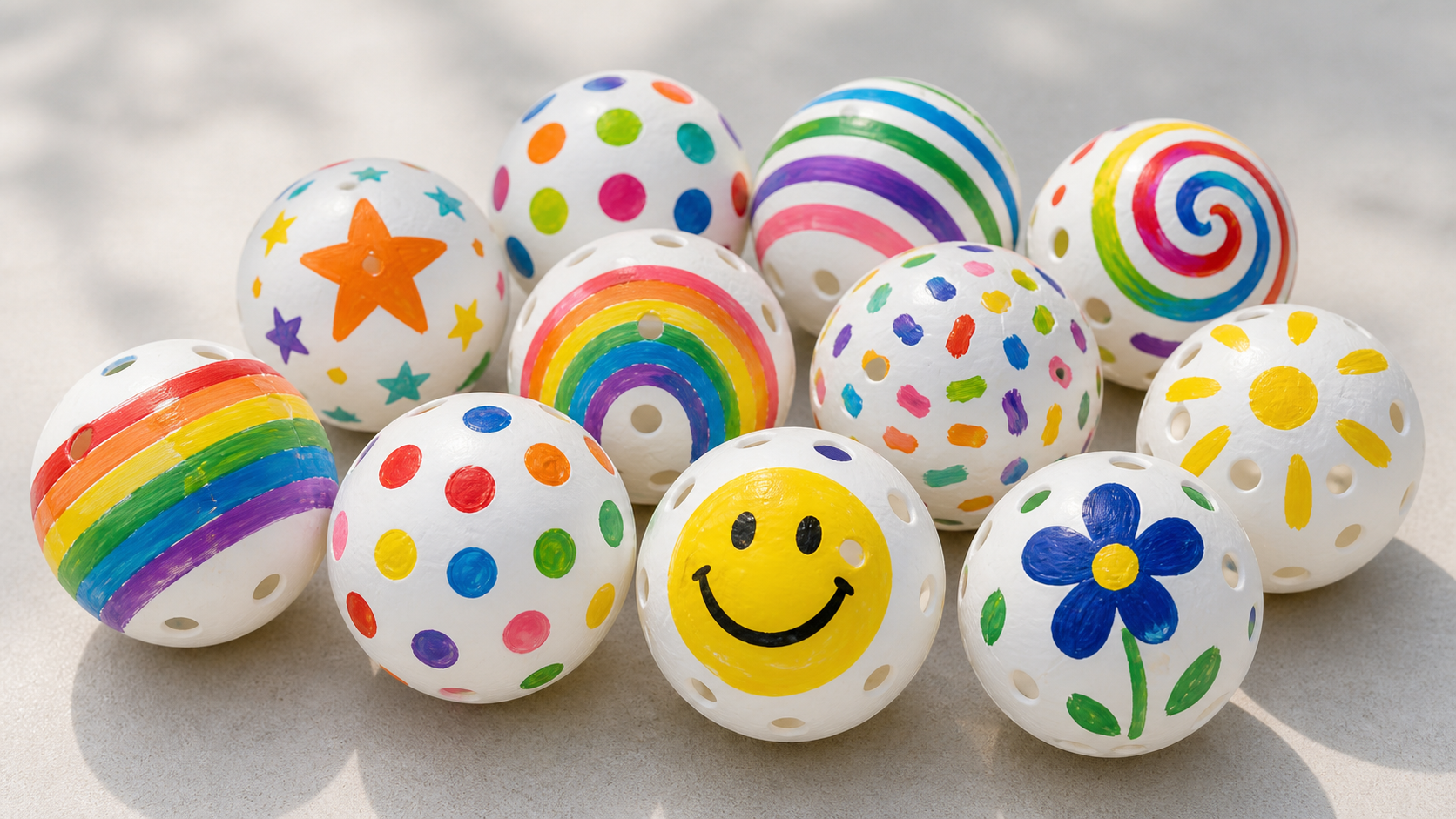 White pickleballs decorated with colorful painted designs