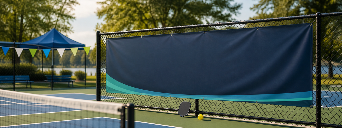Court-side sponsor banner placement on a pickleball court